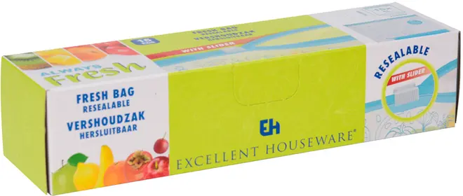 Æske med Excellent Houseware genlukkelige poser med slider, egnet til opbevaring af mad. Emballagen viser farverige frugter og produktinformation på engelsk og hollandsk.