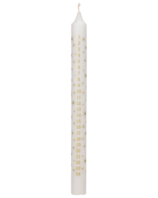 Högt vitt kronljus med gyllene siffror 1-24 och stjärndetaljer, perfekt för adventsnedräkning.