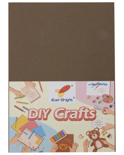 Brunt DIY-pysselark från Ever Bright, passar för olika konstprojekt. Förpackningen har färgglada illustrationer av pysselmaterial, teckningar och en nalle, perfekt för kreativa aktiviteter.