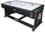 Multispilsbord med airhockey-overflade, sort ramme og sidestativ til billardkugler. Inkluderer to røde håndtag og en puck. Solid konstruktion, velegnet til hjemmets spillerum.