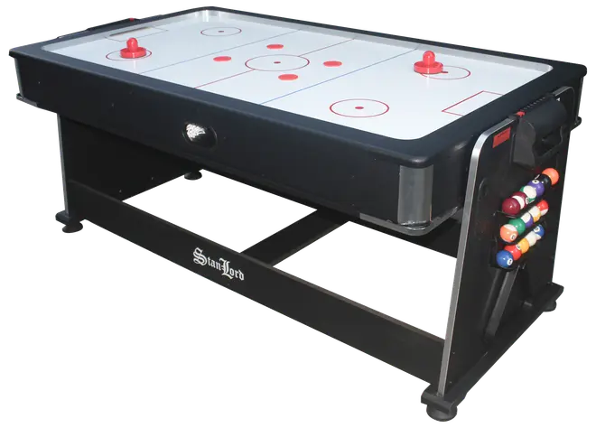 Multispilsbord med airhockey-overflade, sort ramme og sidestativ til billardkugler. Inkluderer to røde håndtag og en puck. Solid konstruktion, velegnet til hjemmets spillerum.