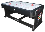 Multispilsbord med airhockey-overflade, sort ramme og sidestativ til billardkugler. Inkluderer to røde håndtag og en puck. Solid konstruktion, velegnet til hjemmets spillerum.