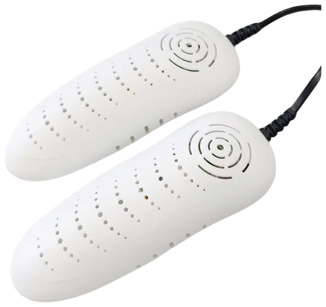 Sæt hvide elektriske skotørrere med ventilationshuller og sorte ledninger. Passer ind i sko, hjælper med at tørre og fjerne lugt effektivt.