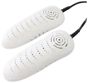 Sæt hvide elektriske skotørrere med ventilationshuller og sorte ledninger. Passer ind i sko, hjælper med at tørre og fjerne lugt effektivt.