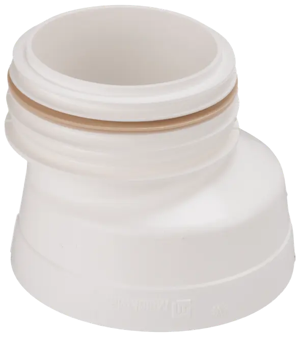 Vit plastadapter för rör med gängad topp och gummipackning, avsedd för vinklade röranslutningar. Passar VVS- eller avloppssystem, hållbar och enkel att montera.