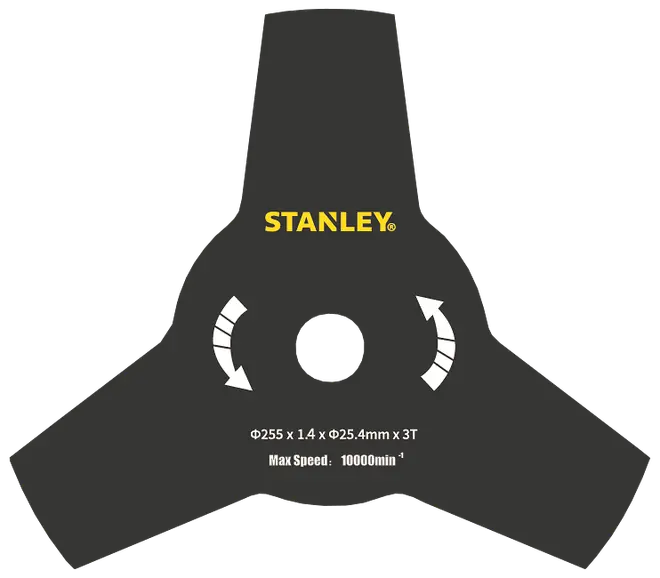 Stanley buskrydderblad med tre tænder, 255 mm diameter, 25,4 mm hul, sort metal, egnet til græs og ukrudt, maksimal hastighed 10.000 omdrejninger/min.