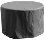 Runt, svart vattentätt överdrag för utomhusmöbler i slitstarkt material, skyddar bord eller grill mot väder, med förstärkta sömmar och metallöljetter för fastsättning.