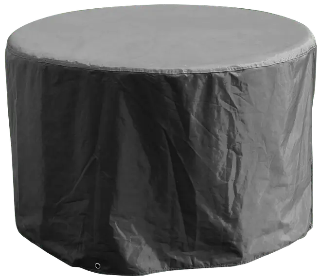 Runt, svart vattentätt överdrag för utomhusmöbler i slitstarkt material, skyddar bord eller grill mot väder, med förstärkta sömmar och metallöljetter för fastsättning.