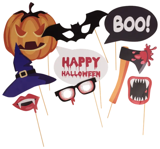 Set med Halloween-fotorekvisita: pumpa, häxhatt, fladdermusmask, vampyrmun, glasögon, yxa, monstermun och pratbubblor med 'BOO!' och 'Happy Halloween'.