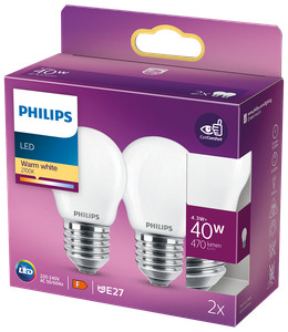 PHILIPS LED-pære 4,3W E27 P45 2-pak