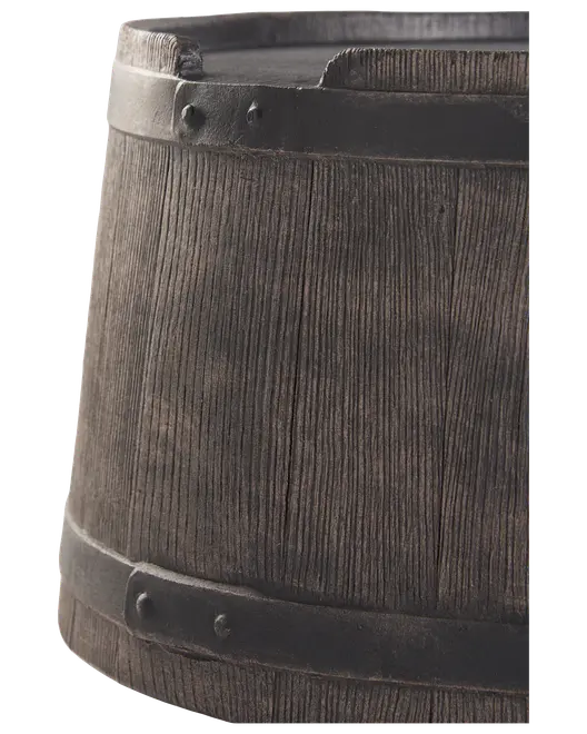 Rustik træbalje plantekasse med mørke metalbånd, tekstureret træfinish, konisk form og robust konstruktion. Velegnet til udendørs havebrug eller dekoration. Vejrbestandig og holdbar.