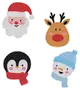 Fyra juliga klistermärken med strasstenar: tomte, ren, pingvin med röd halsduk och snögubbe med blå mössa och halsduk. Varje motiv är färgglatt och glittrigt.