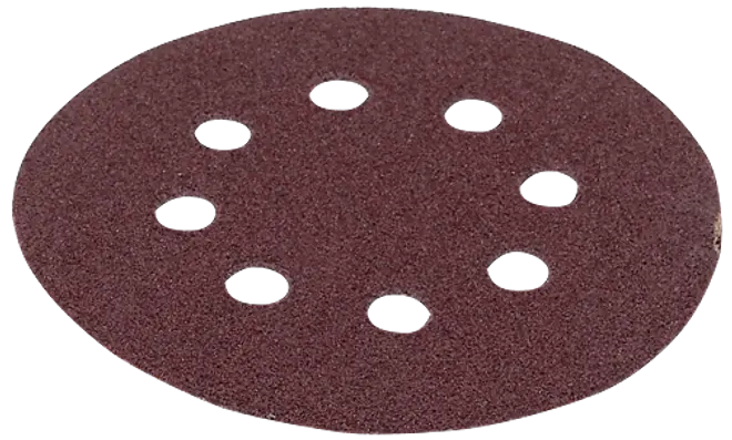 Rundt slibepapir med otte jævnt fordelte huller, rødbrun slibende overflade, designet til brug med excenterslibere til træ, metal eller plast.