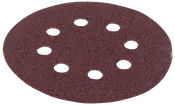 Rundt slibepapir med otte jævnt fordelte huller, rødbrun slibende overflade, designet til brug med excenterslibere til træ, metal eller plast.