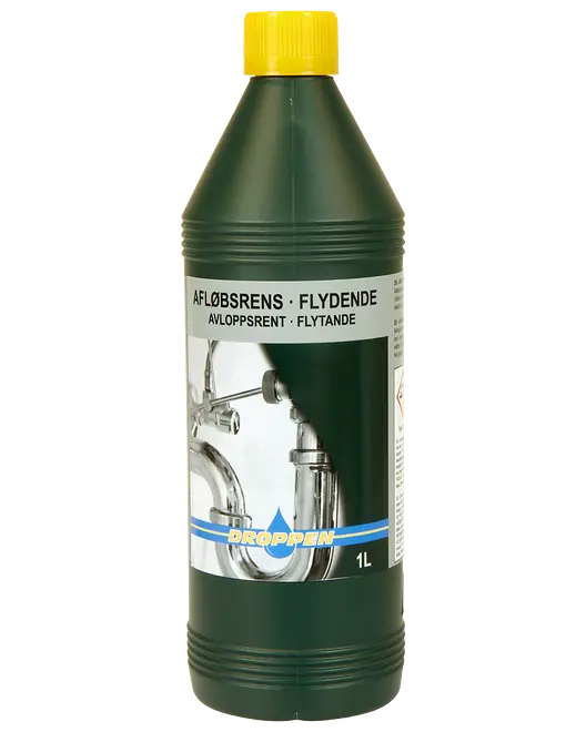 1-liters flaske med flydende afløbsrens, gul låg, mærket til rensning af tilstoppede rør. Velegnet til vaske og afløb. Mærke: Droppen. Instruktioner og advarsler på etiketten.