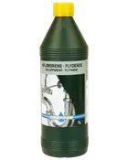 1-liters flaske med flydende afløbsrens, gul låg, mærket til rensning af tilstoppede rør. Velegnet til vaske og afløb. Mærke: Droppen. Instruktioner og advarsler på etiketten.