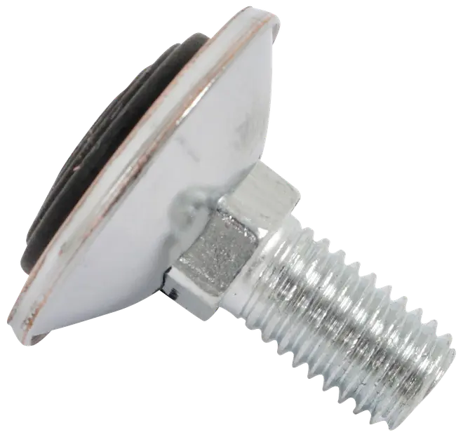 Justerbar møbelfod i metal med gevindbolt, sekskantet base og bred, rund gummibelagt bund for stabilitet og beskyttelse af gulvet.