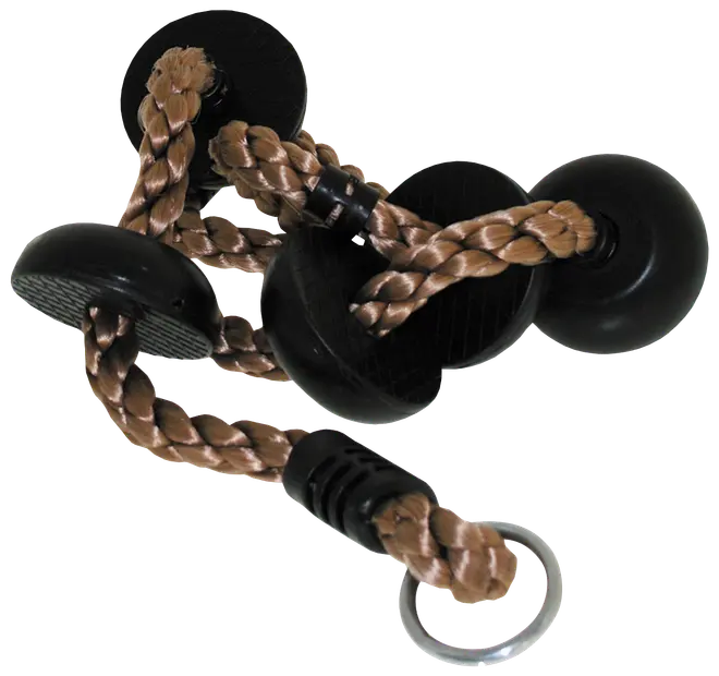 Flettet brunt reb hundelegetøj med fire sorte plastskiver og metalring, designet til interaktiv leg og tyggeholdbarhed for mellemstore til store hunde.