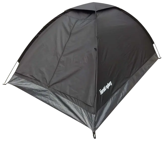 Sort kuppelformet telt med lynlåsdør foran, vandtæt materiale og forstærkede syninger. Plads til to personer. "Nordthyborg"-logo på nederste sidepanel.