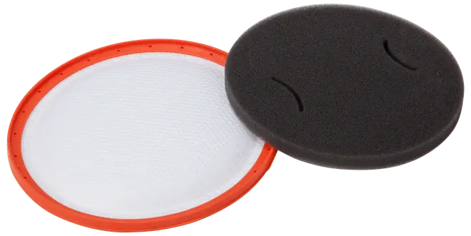 Runt dammsugarfilterset med ett vitt nätfilter och ett svart skumfilter, båda med orange kant, för damm- och allergenfiltrering i kompatibla dammsugare.