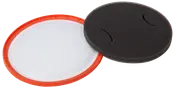 Rundt støvsugerfiltersæt med et hvidt netfilter og et sort skumfilter, begge med orange kant, designet til støv- og allergenfiltrering i kompatible støvsugere.