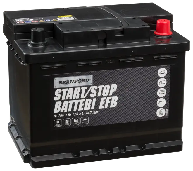 Branford Start/Stop EFB bilbatteri, sort, med markerede poler. Mål: 190 x 175 x 242 mm. Velegnet til biler med start/stop-system. Vedligeholdelsesfrit design.