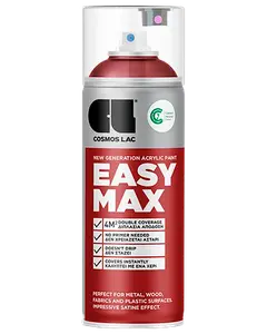 Cosmos Lac Easy Max akryl spraymaling, rød farve, 400ml. Velegnet til metal, træ, stof og plast. Dobbelt dækning, ingen primer nødvendig, satin finish.