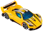 Gul legetøjsracerbil med sorte og hvide striber, blåtonede ruder, stor bagspoiler og detaljerede hjul. Strømlinet, aerodynamisk design til leg eller samlere.