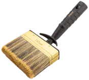 Bred pensel med tætte, naturlige børster, 120 mm bred, guldfarvet metalbånd og ergonomisk sort plastgreb. Velegnet til maling af store flader.