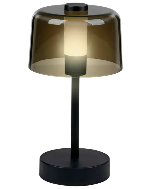 Moderne bordlampe med sort fod og stang, cylindrisk matteret glas med røgfarvet skærm. Udsender blødt, varmt lys. Velegnet til skrivebord eller natbord.