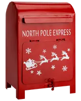 Röd brevlåda i metall med texten 'North Pole Express', vita motiv av tomtesläde, renar och snöflingor. Frontlucka med lås, perfekt för julbrev till tomten.