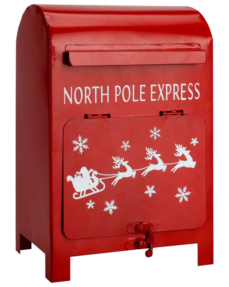 Röd brevlåda i metall med texten 'North Pole Express', vita motiv av tomtesläde, renar och snöflingor. Frontlucka med lås, perfekt för julbrev till tomten.