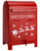 Röd brevlåda i metall med texten 'North Pole Express', vita motiv av tomtesläde, renar och snöflingor. Frontlucka med lås, perfekt för julbrev till tomten.