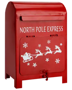Röd brevlåda i metall med texten 'North Pole Express', vita motiv av tomtesläde, renar och snöflingor. Frontlucka med lås, perfekt för julbrev till tomten.