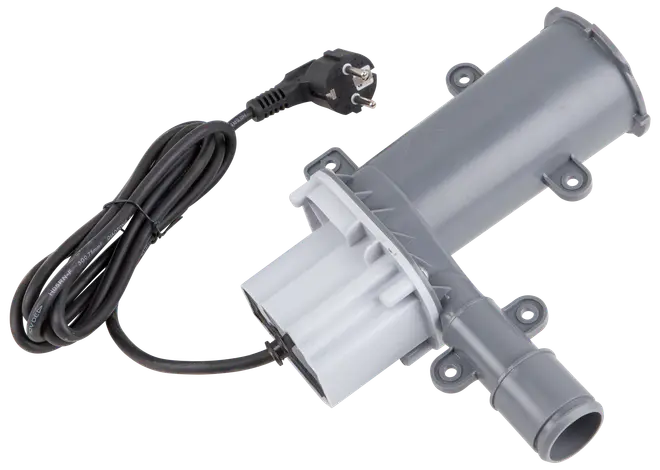 Grå plastgenomströmningsvärmare med monteringsflänsar, ansluten elkabel och europeisk kontakt. För uppvärmning av vatten i rör eller hushållsapparater.