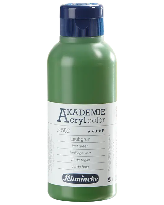 Schmincke Akademie Acryl color akrylmaling, bladgrøn farve, 250 ml plastflaske med blå skruelåg, egnet til kunstnere og hobbyfolk, etiketteret på flere sprog.