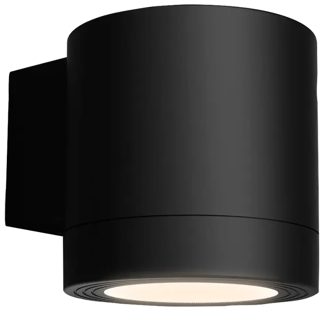 Moderne sort cylinderformet væglampe med mat finish. Lyset udsendes nedad, velegnet til accent- eller stibelysning. Minimalistisk og stilrent design til udendørs eller indendørs brug.