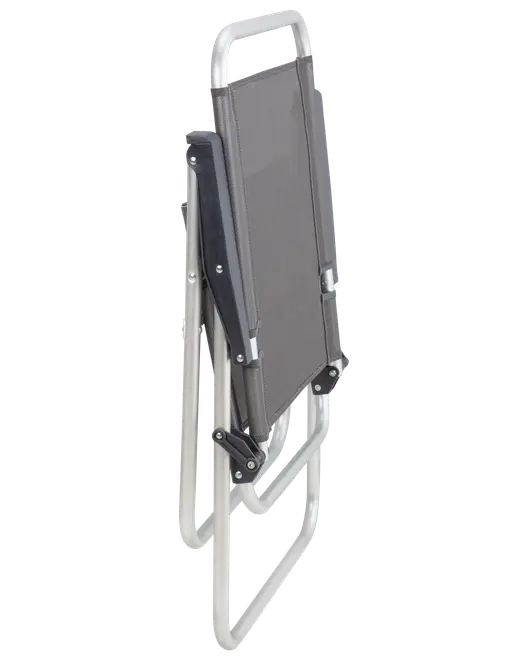 Hopfällbar portabel stol med robust metallram och grått tygsäte. Lätt och kompakt design, passar utomhusbruk, enkel att bära och förvara.