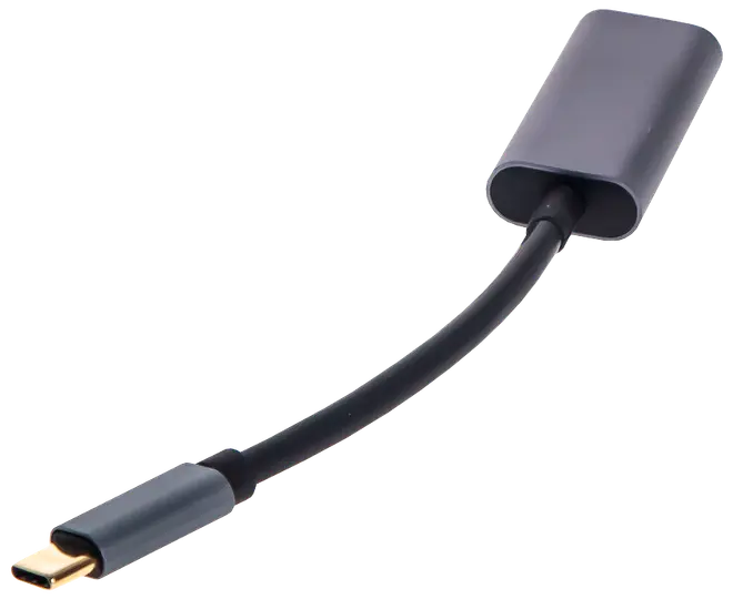USB-C til HDMI-adapter med kort sort kabel og metalstik, designet til at forbinde USB-C-enheder til HDMI-skærme for video- og lydoutput.