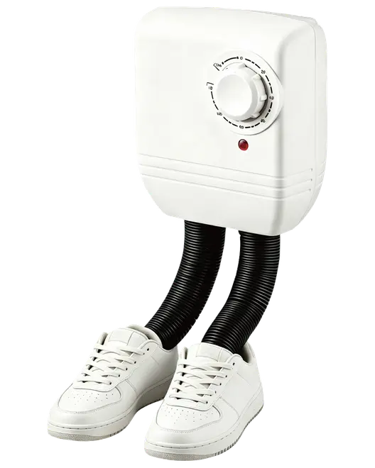 Elektrisk skotørrer med to fleksible sorte slanger, der ender i hvide sneakers. Hovedenheden er hvid med timer og indikatorlys. Til effektiv tørring af sko.