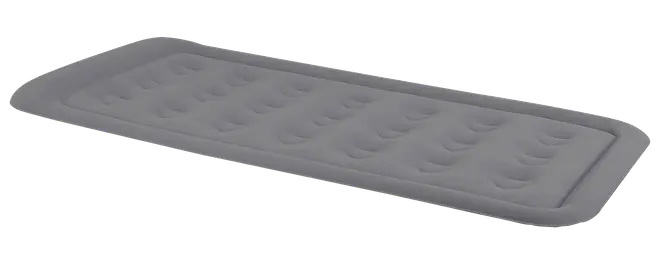 Grå oppustelig luftmadras i enkelt størrelse med blød overflade og forhøjede kanter. Har jævnt fordelte cirkulære fordybninger for støtte. Velegnet til camping eller gæster.