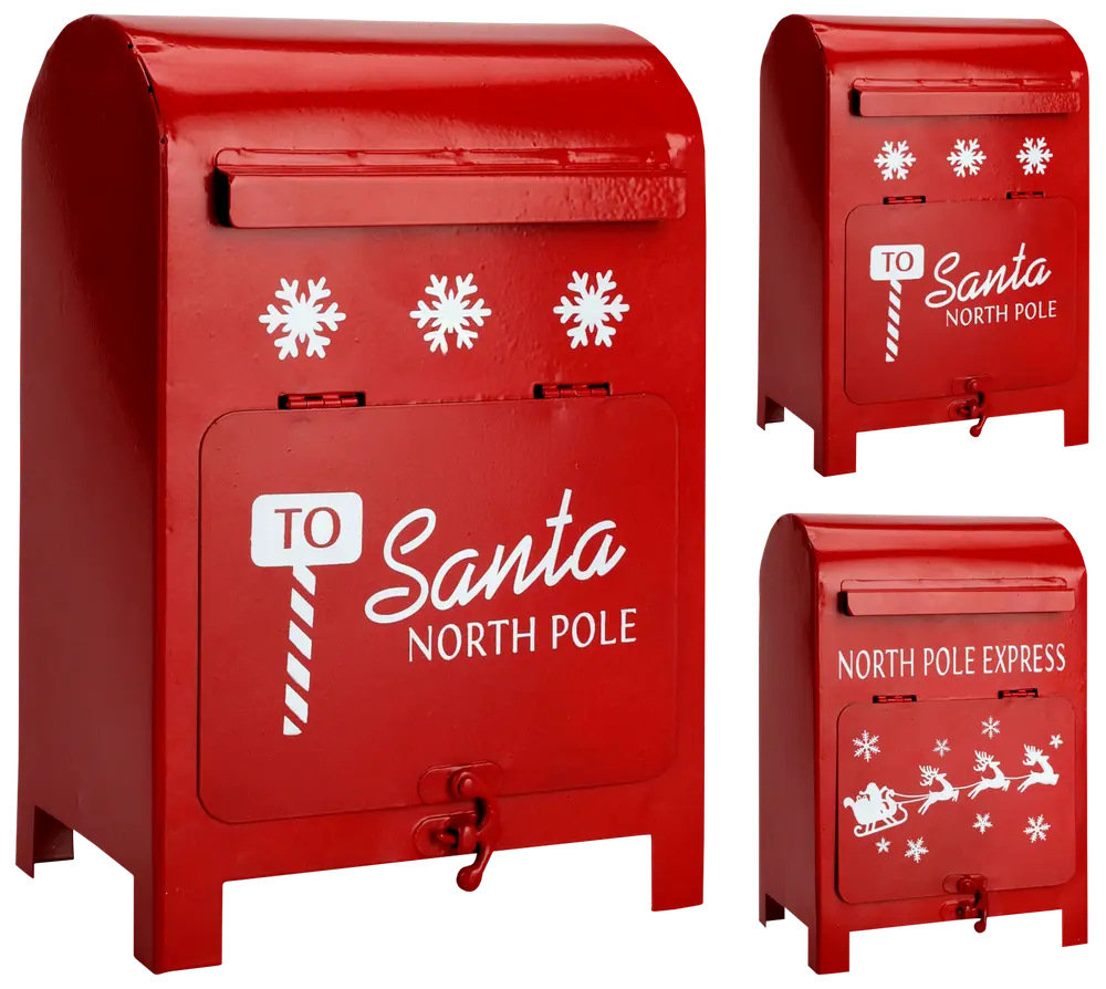 Röd brevlåda i metall med vita snöflingor och texten 'Till Tomten Nordpolen' samt 'Nordpolsexpressen'. Perfekt för julbrev till tomten.