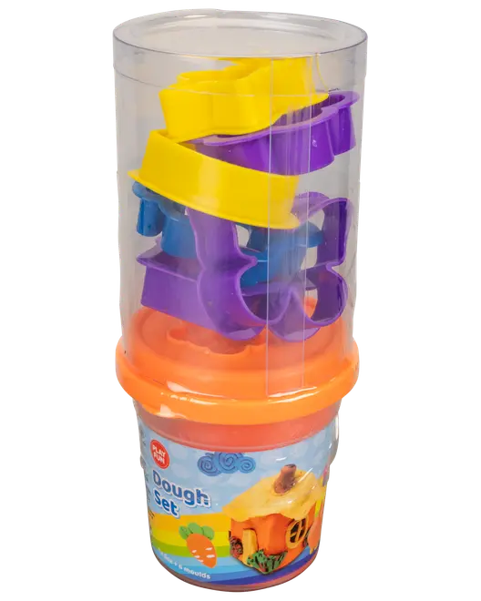 Børns dej-sæt i klar plastbeholder med orange låg, indeholder farverige gule og lilla plastforme til at forme dej i forskellige sjove figurer.