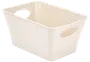 Rektangulær, cremefarvet plastikopbevaringskurv med afrundede hjørner og to ovale udskårne håndtag på modsatte sider. Glat overflade, ideel til organisering af husholdningsartikler.