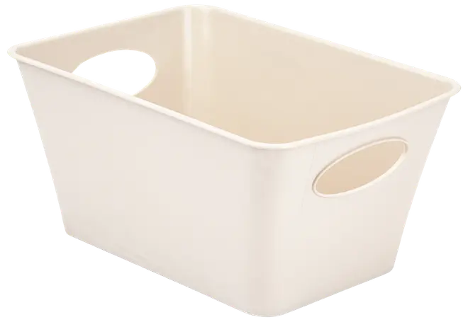 Rektangulær, cremefarvet plastikopbevaringskurv med afrundede hjørner og to ovale udskårne håndtag på modsatte sider. Glat overflade, ideel til organisering af husholdningsartikler.