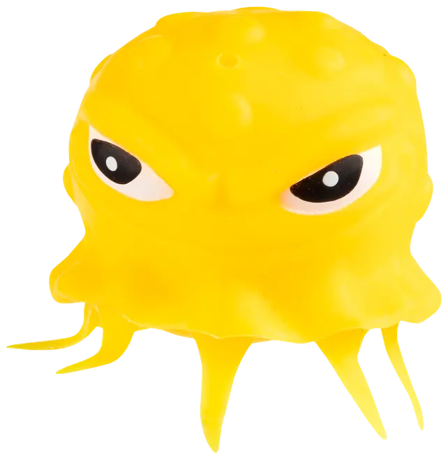 Gul gummileksak formad som en bläckfisk med arga serieögon, flexibla tentakler och slät, lätt texturerad yta. Passar som leksak eller badleksak för barn.