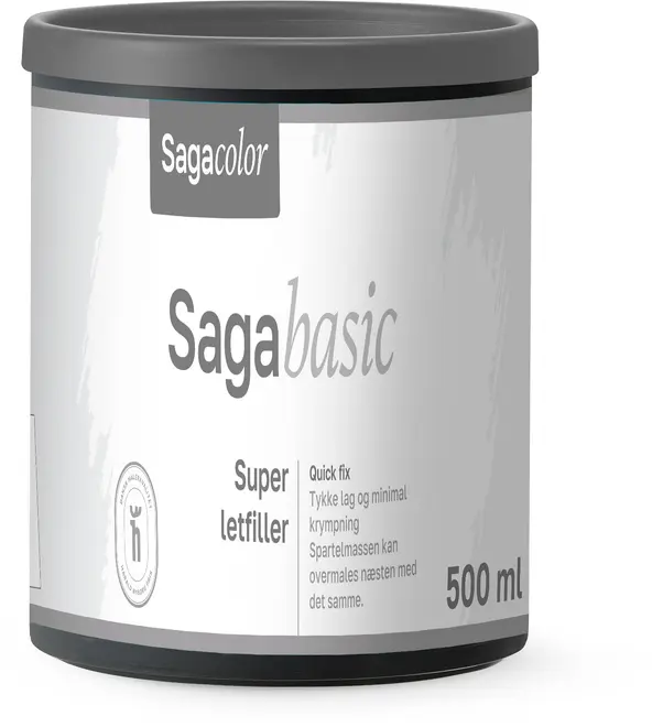 Sagacolor Sagabasic Super letfiller, 500 mL beholder. Gråt plastlåg, hvidt og gråt mærkat, egnet til hurtige reparationer og minimal krympning. Ideel til vægreparationer.