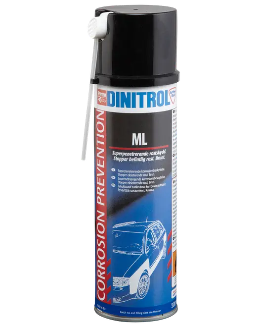 Dinitrol ML korrosionsbeskyttelsesspray, 500 ml, med spraydyse. Anvendes til rustbeskyttelse af biler, især hulrum og svært tilgængelige områder. Blå og sort etiket med bilillustration.