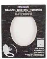 Vit, slimmad toalettsits med soft-close och snabbkoppling. Passar alla standardtoaletter. Modern design, enkel att installera och rengöra, passar olika badrumsstilar.