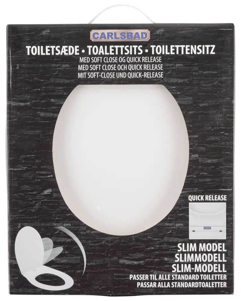 Vit, slimmad toalettsits med soft-close och snabbkoppling. Passar alla standardtoaletter. Modern design, enkel att installera och rengöra, passar olika badrumsstilar.